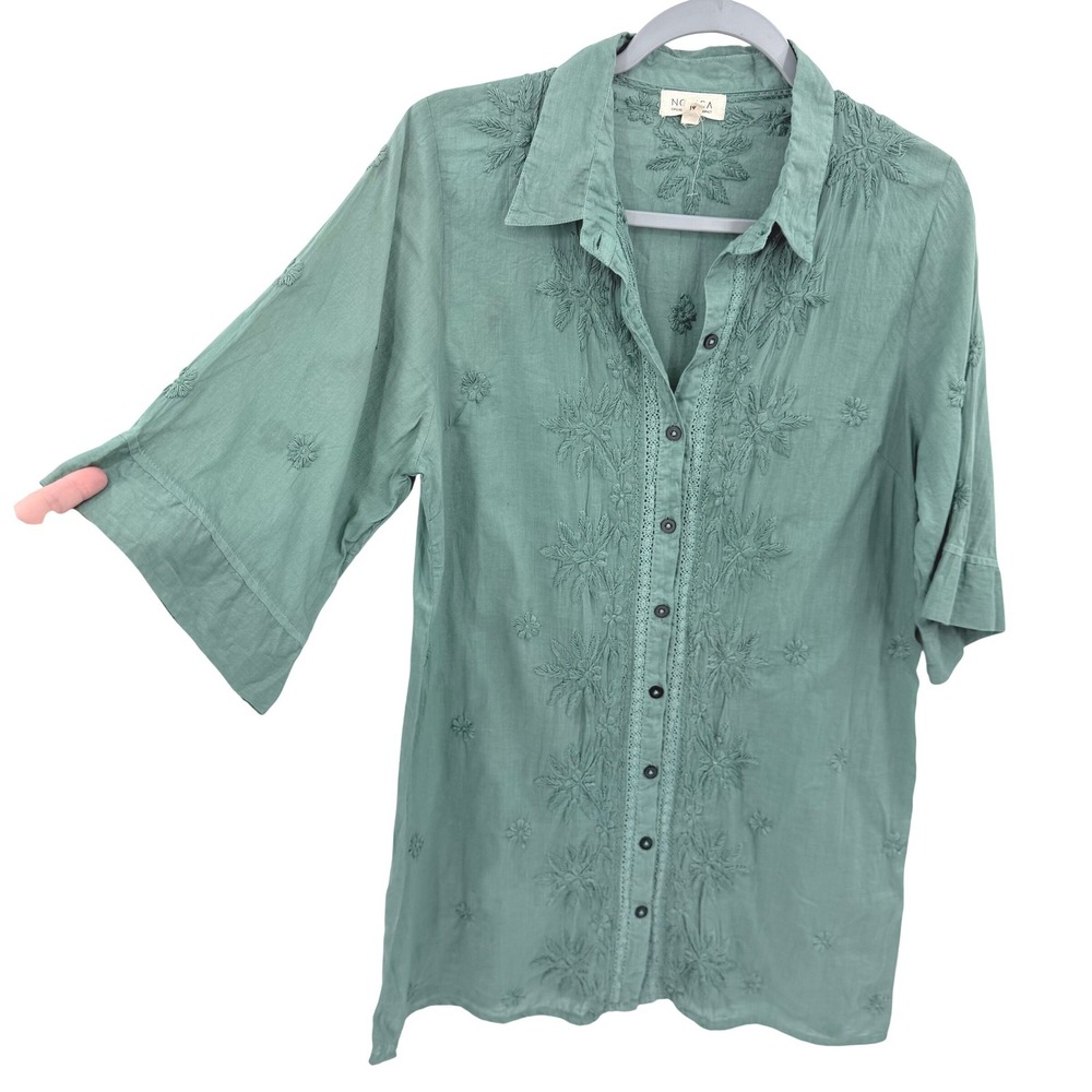 Novica‎ Sage Green Embroidered Cotton Button Down Shirt Tunic Medium Boho Lace